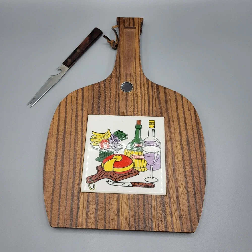 Vtg Cheese Fruit Cutting Board Ceramic Tile Trivet Inlay Magnetic Knife Japan